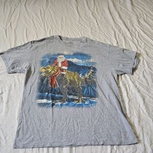 Mens Large T-shirt Santa Riding A T-rex
